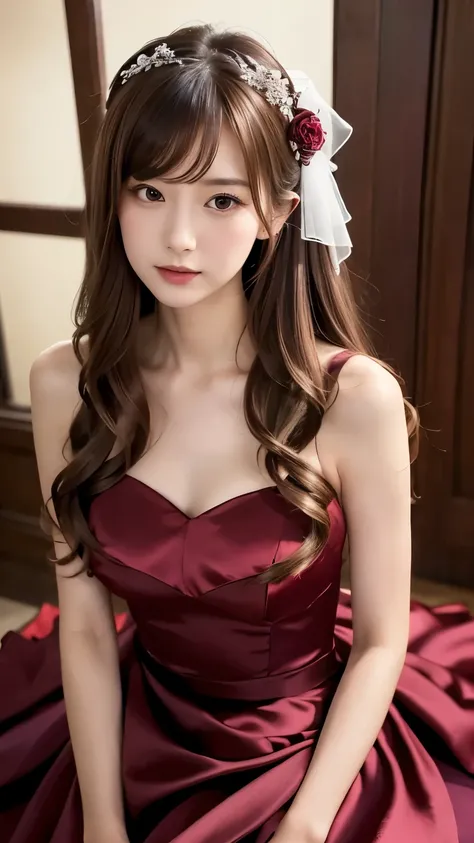 (((Top Quality))), (((Masterpiece))), (((Details))), tall, looking at camera, face-to-face, burgundy silk satin ruffle girly empire length wedding dress, hands thrust forward, Japanese, brown hair, long hair, gorgeous room,. Gorgeous ribbon hair accessory,...