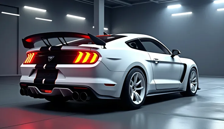 Give me a competative image of Ford Mustang Shelby GT350 white back half side view in showroom the large size taillights should be on and the car name " GT 350"  should be write on the back side of the car with beautiful colour and style
The wheels of the ...