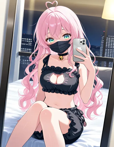 (8K, best quality, master piece: 1.2),super high resolution,1 girl,solo,16yo,ultra-detailed face,detailed eyes,aqua eyes,selfie,holding an iPhone,gradient eyes,blush,pastel pink hair,wavy hair,heart ahoge,cat lingerie,cleavage cutout,mascara,medium breasts...