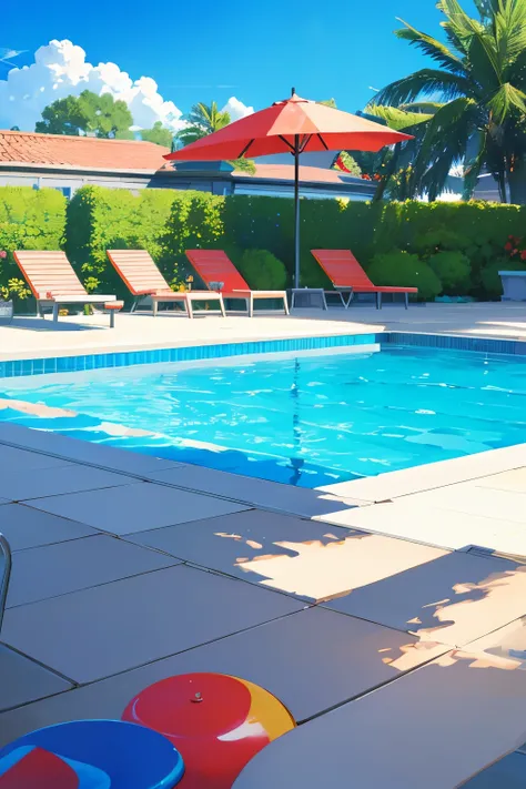  Pool edge , party pool , buoys,  sunbathing chairs ,  Blue sky,  anime-style poolside photo