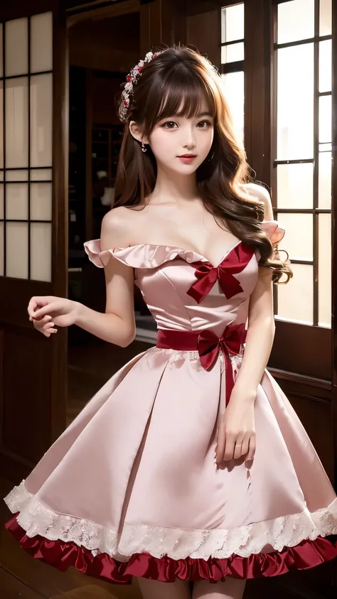 (((Top Quality))), (((Masterpiece))), (((Details))), tall, looking at camera, face-to-face, wine red silk satin ruffle girly empire length wedding dress, hands thrust forward, Japanese, brown hair, long hair, gorgeous room,. Gorgeous ribbon hair accessory,...