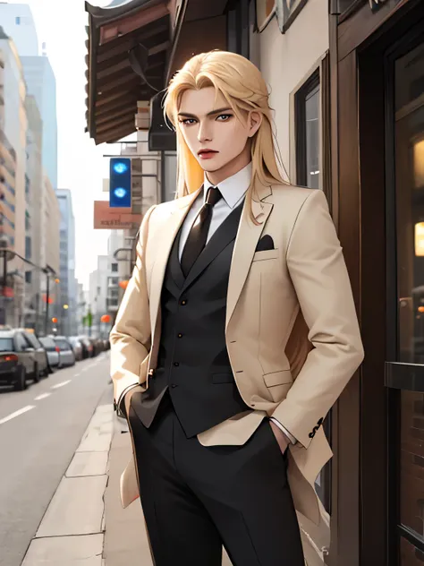 solo Ukrainian man, long blond straight hair and (brown eyes), wearing suit, sexy posing near the restaurant