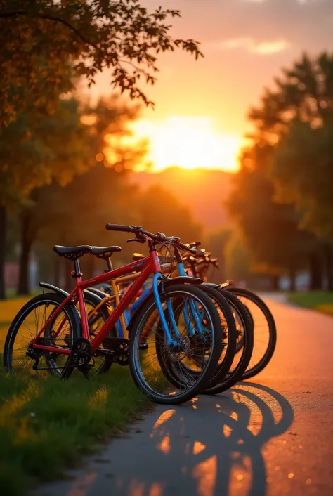 "A serene sunrise scene in a peaceful park, with a group of colorful new bicycles parked together on a pathway. The golden sunlight softly illuminates the bikes, casting long, gentle shadows across the ground. The background features trees with a warm oran...