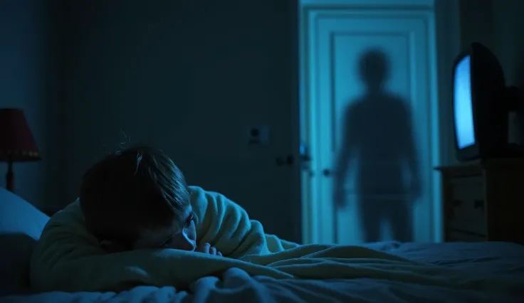 A frightened boy with short, dark brown hair hides under a blanket on a small bed in a dimly lit room. He clutches the blanket tightly, his trembling body visible beneath it. The faint outline of a dark figure stands just outside the closed door, knocking ...