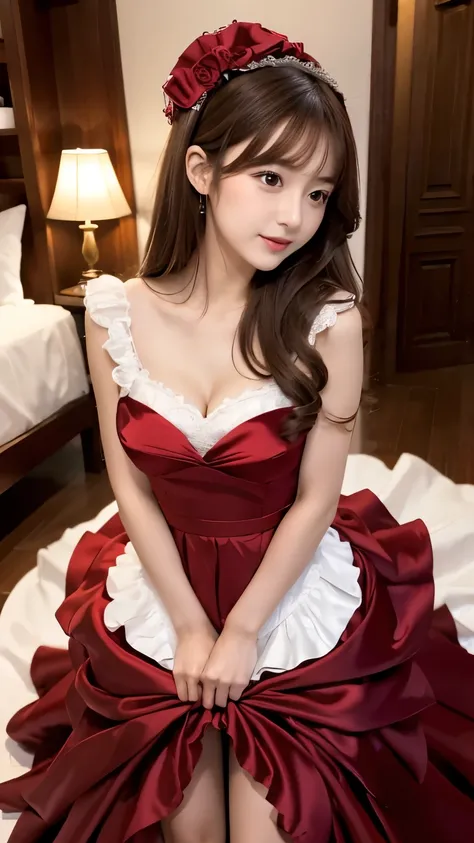 (((Top Quality))), (((Masterpiece))), (((Details))), tall, looking at camera, face-to-face, wine red silk satin ruffle girly empire length wedding dress, hands thrust forward, Japanese, brown hair, long hair, gorgeous room,. Gorgeous ribbon hair accessory,...