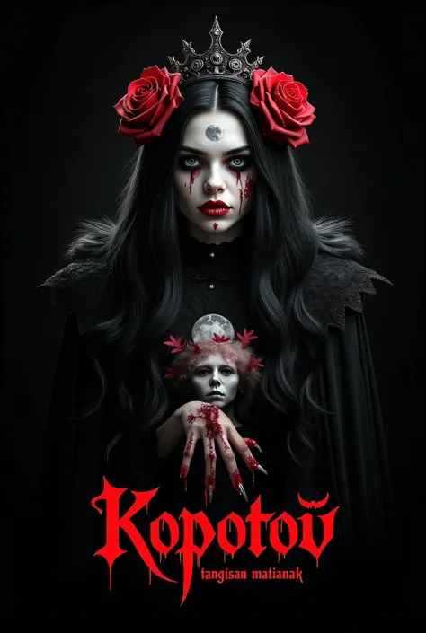 Photorealism 1.3 masterpieceCreate logo wrote THE KOPOTOV with girl long hair   wearing black crown  red roses at hair zombie faces paint .black background font colour red gothic font black metal style  below  women with   paint head only  moon shadow at b...