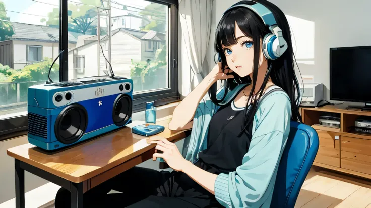  Ghibli style , Cute Girl , black semi-long hair,sexy blue eyes,  sexy face, Light blue clothes,80's style, blue headphones, in the room、 blackish blue eyes 、Boombox at hand 、 keep a boombox close