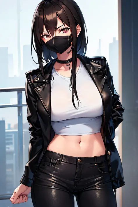 A highly detailed portrait of a young Japanese woman in casual streetwear, wearing a distinctive black mask covering the left side of her face. She has short, dark brown hair and intense, sharp black eyes. Dressed in a fitted black leather jacket, tight da...