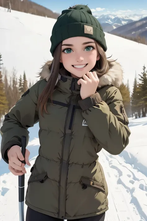 brown hair very dark green eyes beautiful girl, on a ski slope getting ready to go down a snowy slope, smile, very happy, happy moments. winter clothes as a skier, beautiful winter landscape