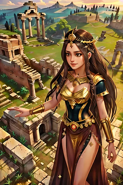 a woman with a golden headdress is standing on a stone platform, ancient roman princess, a beautiful fantasy empress, girl in roman ruins, render by unreal engine + a goddess, artgerm; unreal engine 3d, anime goddess, detailed render by unreal engine 5, qu...