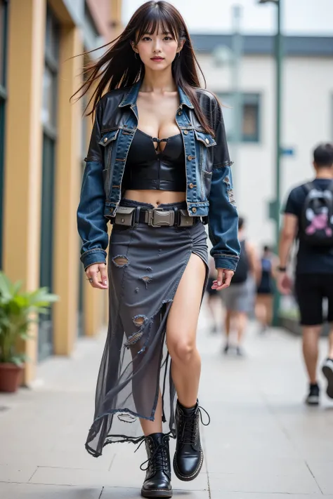  dynamic, Full body shot of a woman wearing playful and attractive (Her outfit is an innovative mix of distressed, repurposed materials: a structured jacket made of patchworked denim and leather, paired with a long, asymmetrical skirt constructed from torn...