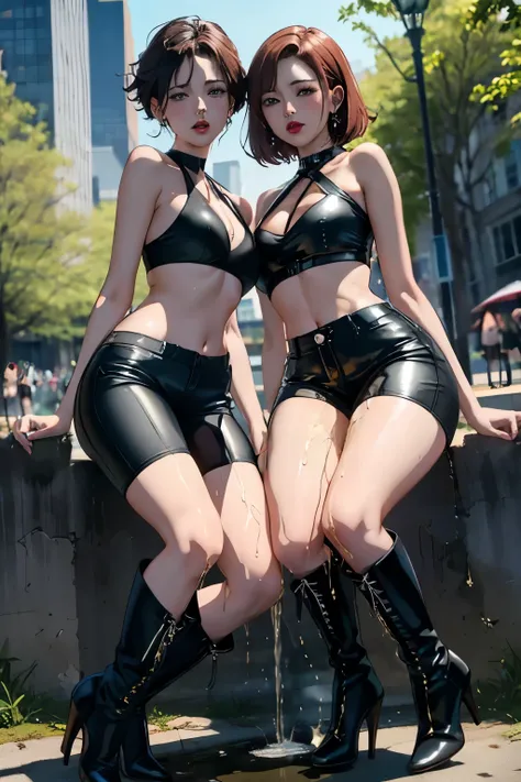 anime, best quality, high quality, highres, beautiful women, high detail, good lighting, lewd, hentai, (((bike shorts))), (leather halter top), (bare midriff), (cameltoe), (((leather thigh high heel boots))), (bare thighs), (wet shorts), (((wetting herself...