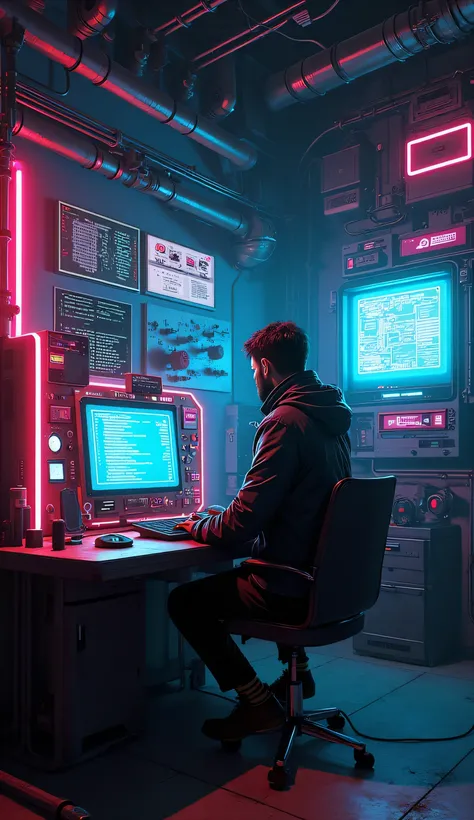 Illustration that mixes retro technology from the 80s with futuristic and neon elements.