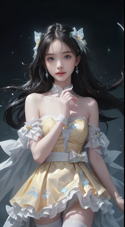 strapless dress,bow, yellow dress,white thighhighs,blue ribbon, laser,leishe, fluorescent color , 1 Girl, Look to the side, Pretty Face, beautiful eyes, ((Bare shoulders)), ((cowboy shot)), shiny hair , Glowing skin, Reduce glare emissions, The fingers ar...