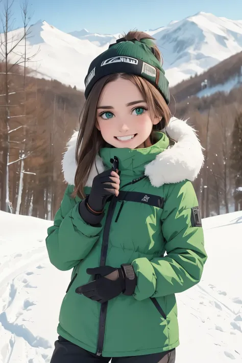 brown hair very dark green eyes beautiful girl, on a ski slope getting ready to go down a snowy slope, very happy, happy moments. winter clothes as a skier, beautiful winter landscape
