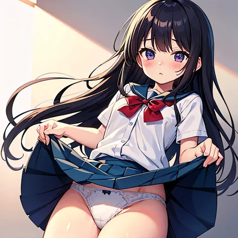  schoolgirl、 white underwear、skirtlifting、blush、 thighs