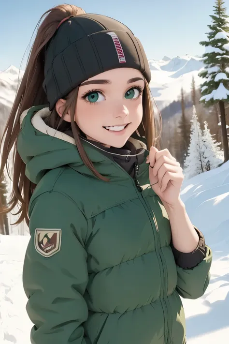 brown hair very dark green eyes beautiful girl, on a ski slope getting ready to go down a snowy slope, very happy, happy moments. winter clothes as a skier, beautiful winter landscape