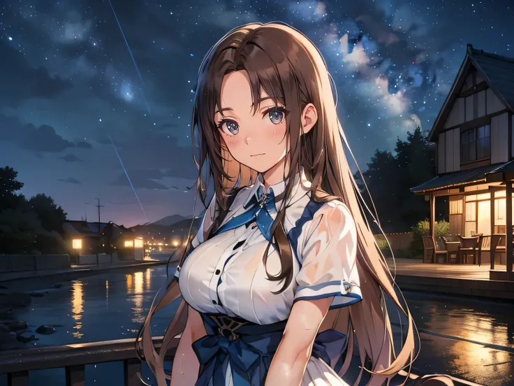    light brown hair straight  long hair　  brown eyes　 bright blue dress 　rain　  look down　  close eyes　smile　Smile　pray　Wish　dream　    1 girl,     high resolution,    tea hair,   とても long hair , rain,   wet , hope,  big breasts,   long hair, amount　 Forehe...