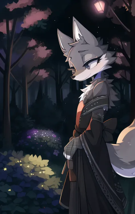  in,   best quality, Masterpiece、In the dark forest at night、Clothes that use subdued colors、 BRIGHT、Petite、On the tree、Gardener、Garden of Dreams 、gray fox、Eyelashes、Female Furry、