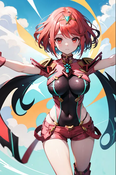 score_9, score_8_up, score_7_up, source_anime, rating_safe, BREAK pyra \(xenoblade\), 1girl, red hair, short hair, swept bangs, bob cut, red eyes, large breasts, tiara, earrings, chest jewel, backless outfit, bodysuit, covered navel, neon trim, clothing cu...