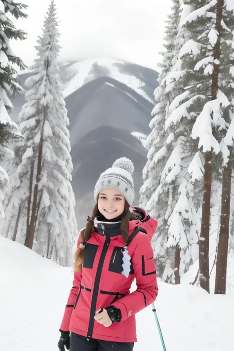 beautiful girl, on a ski slope getting ready to go down a snowy slope, very happy, happy moments. winter clothes as a skier, beautiful winter landscape