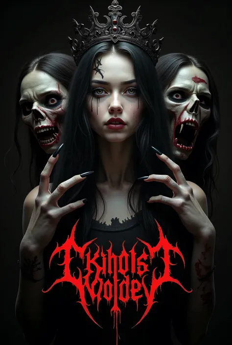 Photorealism 1.3 masterpieceCreate logo wrote THE KOPOTOV with girl long hair   wearing black crown   zombie faces paint .black background font colour red gothic font black metal style  below  women with   paint head only  moon shadow at back hand with lon...