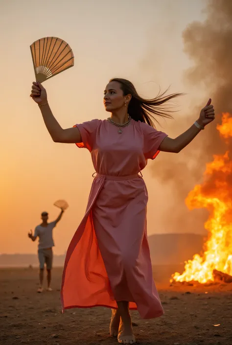 High Frequency: 1.8, Rich Detail, Masterpiece, 8K, Beautiful Priestess in Pink Shirt Standing in front of Fire, Dancing, Hands Waving Fan, Fan on Fire, Flames Surround Priestessess, Burning Battlefield Background,  