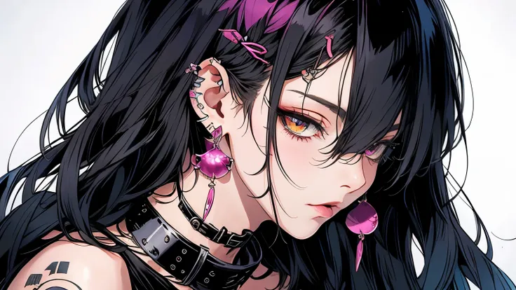 masterpiece,  best quality, Pixiv,  cool girl ,  lots of earrings ,  earrings,  tattoo,  black hair,  pink gradation hair,  gray eyes