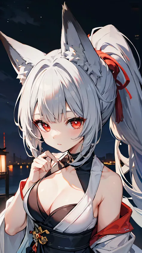  best quality、、(Whitening skin)、Gray Hair, long hair, red eyes, fox ear,Petite, ponytail、 Slim, big breasts, Slim, red cheeks , night view,samurai,Hakama, cleavage,