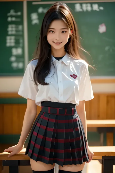 ((  Best Quality )), ((masterpiece)), ( Details ),   1girl  ,18 year old japanese girl ，at school， from the first-person perspective，Wear a pleated skirt， real person， 8k octagonal rendering ,  Shine Effect , Aho, preauricular hair, smirk，Dressed in high s...