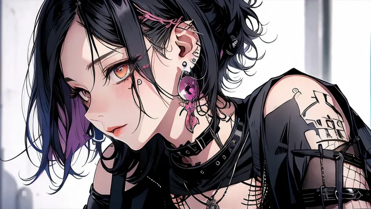 masterpiece,  best quality, Pixiv,  cool girl ,  lots of earrings ,  earrings,  tattoo,  black hair,  pink gradation hair,  gray eyes