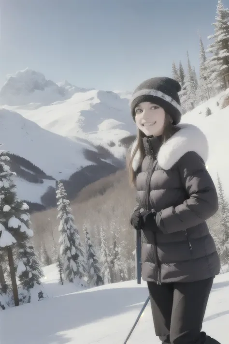 beautiful girl, on a ski slope getting ready to go down a snowy slope, very happy, happy moments. winter clothes as a skier, beautiful winter landscape
