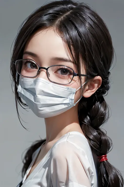 ((masterpiece)), ((best quality)), ((ultra-detailed)),((hyperrealistic)),(japanese cute girl),Alone,(shiny skin),(black hair),long hair,forehead,(plain forehead),(black eyes,puppet,droopy eyes),(small breasts.slenderbody),,dynamic angle,((surgical mask)),i...