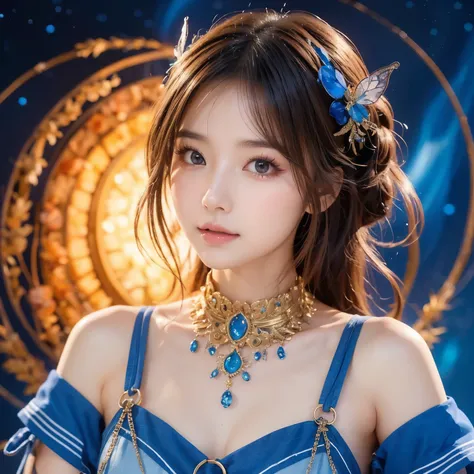 A breathtaking masterpiece! A stunning anime-style wallpaper featuring a serene and enchanting scene. Against a dark blue background, a beautiful face with intricate details and subtle menderita-like makeup gazes directly at the viewer. Chains adorning her...