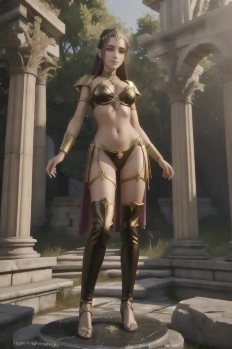 a woman with is standing on a stone platform, ancient roman princess, a beautiful fantasy empress, girl in roman ruins, anime goddess, detailed render by unreal engine 5, quality by unreal engine 5, the goddess artemis smiling, latin goddess venus, dramati...