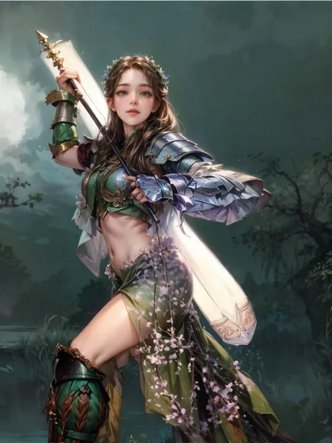 (absurdres, highres, ultra detailed, HDR), masterpiece, perfect face, detailed face, intricate details, watercolor art style, magical girls theme, shell headpiece , green armor, aquatic style armor, scaled details, holding a spear extremely detailed charac...