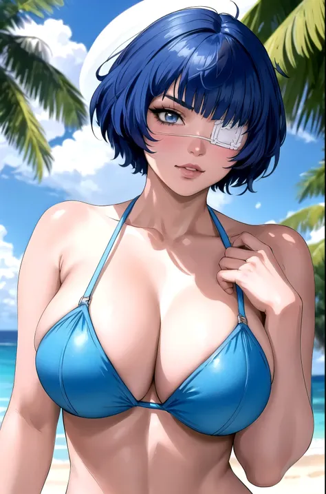 hee hee hee® , ( Remu Shimei ,  1 girl,  mature woman ,   beautiful detailed eyes,  beautiful detailed lips,  Extremely detailed eyes and face ,  long lashes,  blue hair ,  short hair, (Eye patch: 1,2), blush), (( masterpiece,  Top quality , 8k,  ultra hig...