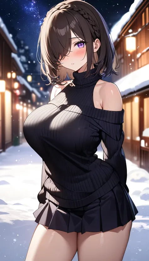 (masterpiece, Highest quality:1.2), (1girl), alone, ((medium hair)), ((dark brown hair)), (straight hair), ((hair over face)), (hair over one eye), (hair over right eye), (((black Sweater Low Shoulders))), (black pleated skirt:1.2), (purple eyes), (huge br...