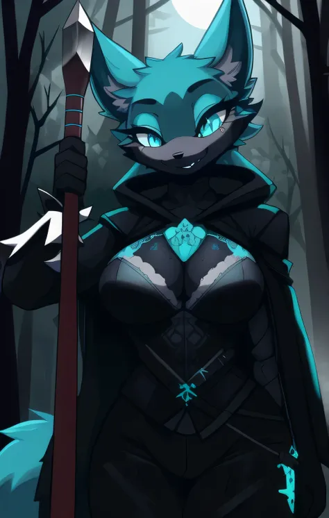  in,   best quality, Masterpiece、 in the Dark Forest、 Dark Clothes 、Dark smile、Had an axe、assassin、Nightmare Garden 、 cyan fox holding an axe、Eyelashes、Female Furry、