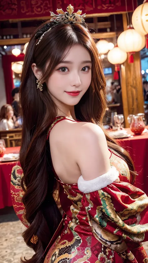     pretty woman,     Chestnut hair    ,      pretty eyes ,    Smile,  Actual , Full HD,    very beautiful dress  ， Fluffy Dress  ， Curved Body，Magnificent views ， gorgeous decoration ，Long gown，中国发髻，Year of the Snake Theme，snake print ，snake pattern， drag...