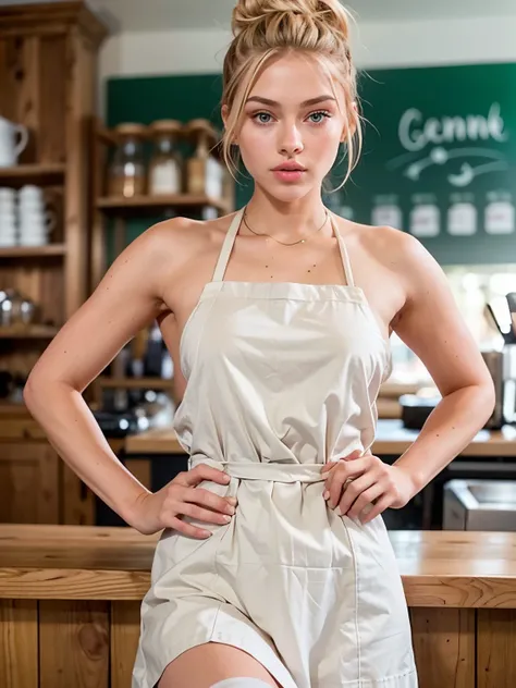 full body photo, (AlexiaThompson01R's face) depicts a beautiful waitress with blonde hair tied in a bun, antenna hair, perfect face, perfect anatomy, best quality, young woman of 26 years old, nice and friendly, she is in a coffee shop, no bottom under her...