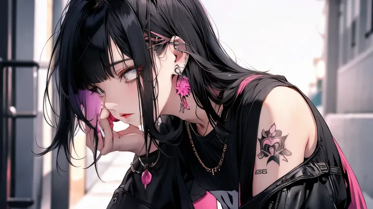 masterpiece,  best quality, Pixiv,  cool girl ,  lots of earrings ,  earrings,  tattoo,  black hair,  pink gradation hair,  gray eyes