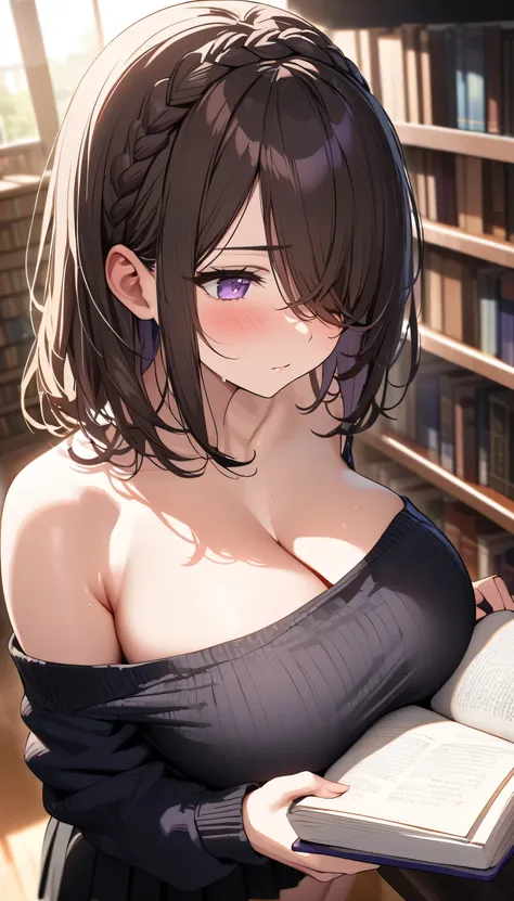 (masterpiece, Highest quality:1.2), (1girl), alone, ((medium hair)), ((dark brown hair)), (straight hair), ((hair over face)), (hair over one eye), (hair over right eye), (((black Sweater Low Shoulders))), (black pleated skirt:1.2), (purple eyes), (huge br...