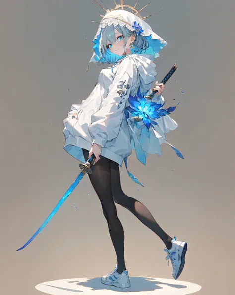 （（  1 woman with an umbrella））, Smile, （Single ）、 High Resolution , Ultra HD,  very detailed, short hair、 Light Blue Hair 、（White Veil ）、((  small boobs））、 ring earrings , earrings, （ odd eye ）、 Iris 、（（ White Hooded Sweatshirt ））、（Put Down the Hood  ）、[ b...