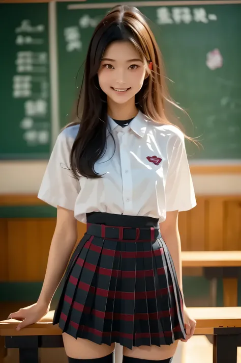 ((  Best Quality )), ((masterpiece)), ( Details ),   1girl  ,18 year old japanese girl ，at school， from the first-person perspective，Wear a pleated skirt， real person， 8k octagonal rendering ,  Shine Effect , Aho, preauricular hair, smirk，Dressed in high s...