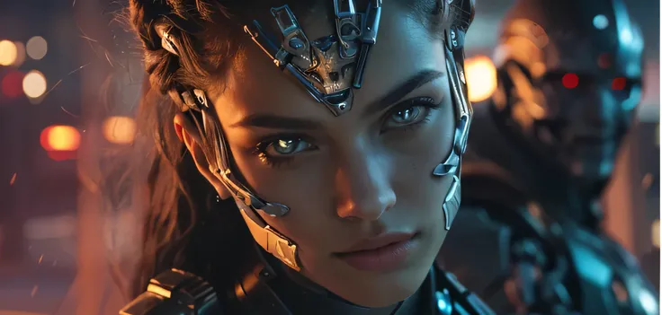 a close up of a woman with a sword in a movie, movie still of aztec cyborg, attractive sci - fi face, cinematic goddess close shot, movie still of a villain cyborg, movie still of a cool cyborg, cinematic close-up bust shot, shanina shaik as medusa, unreal...