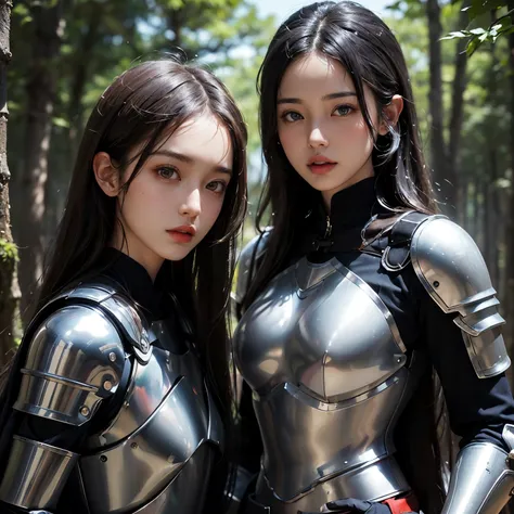 ((ultra-detailed)),((hyperrealistic)),(japanese cute girl),(shiny skin),(black hair),long hair,forehead,(plain forehead),(black eyes,puppet,droopy eyes),(small breasts.slenderbody),,dynamic angle,((knight、breastplate)),A group of demons、forest、During comba...