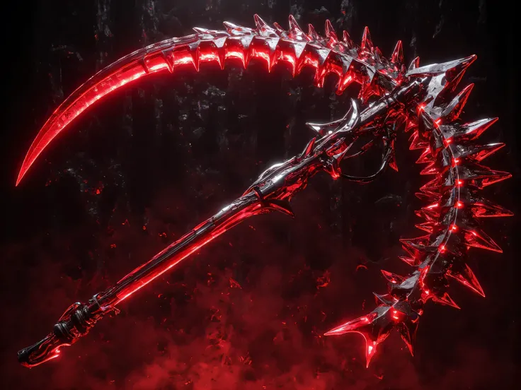  whole red gripper's scythe, The sickle is made of red glass crystals,  Red Aura, red crystal background,  Hong Kong ,  Masterpiece, movies,  8k resolution ,  Full Weapon Image, 10m long weapon handle ,  no people , Do not remove sci-fi images