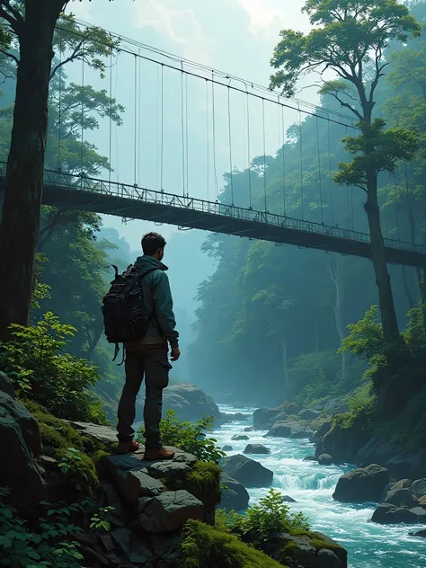 arafed man standing on a bridge with a view of a river, a picture inspired by Bikash Bhattacharjee, instagram, sumatraism, connected with hanging bridge!!, hanging bridge!!, standing on a bridge, assamese aesthetic, river in front of him, with a cool pose,...