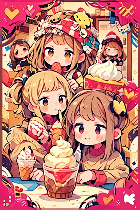 smiling girls next two cups of gelato with strawberries in them, strawberry ice cream, ice cream, eating ice cream, ice cream on the side, eating ice - cream, ice cream cones,